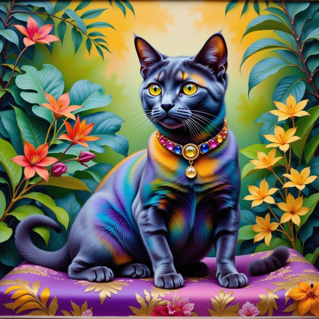 Javanese Cat on Velvet Cushion, Watercolor Style