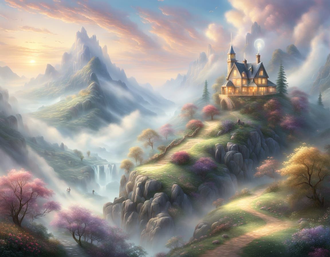 Ethereal Fantasy: Spreading Love in a Misty Landscape