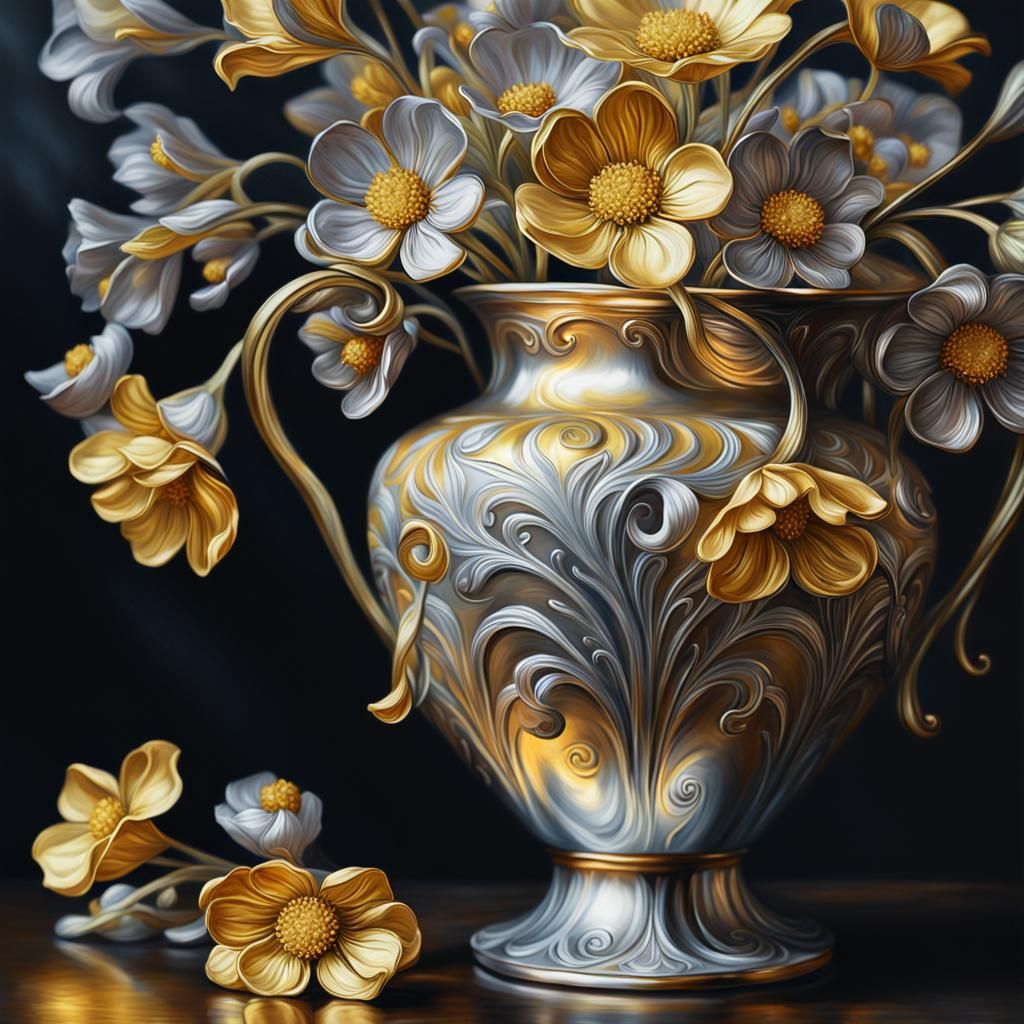 Gold and Silver Flowers in Art Nouveau Style
