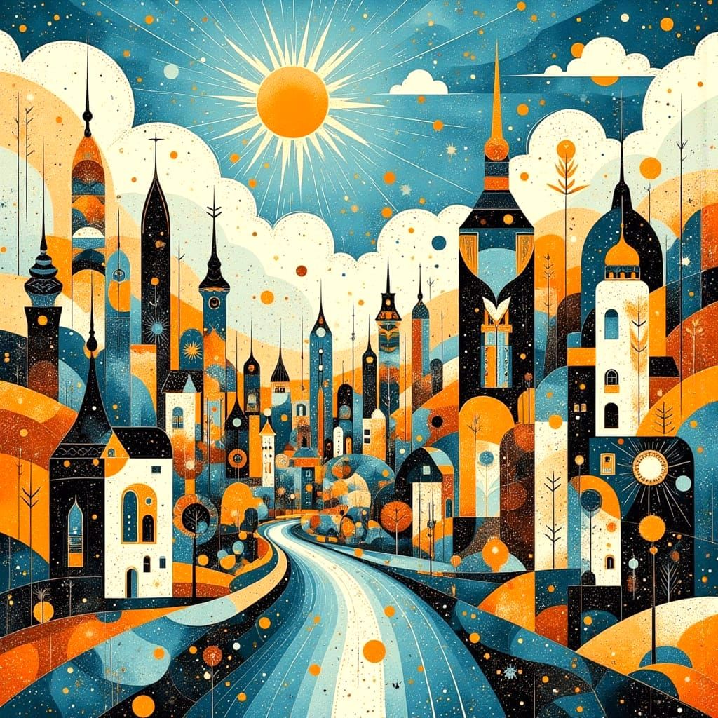 Vibrant Cubist Cityscape with River Views