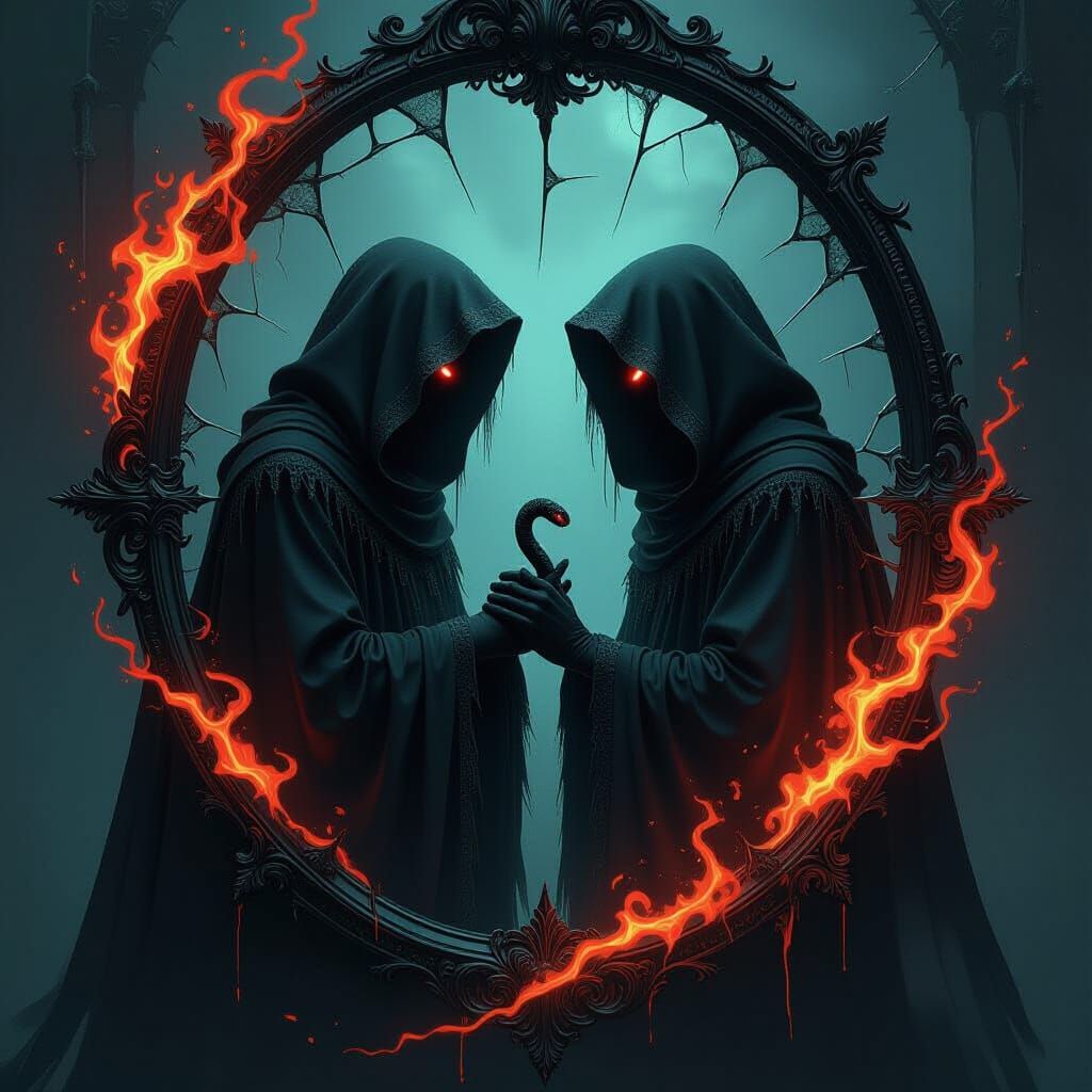 Dark Figures Entwined in Emerald Flames