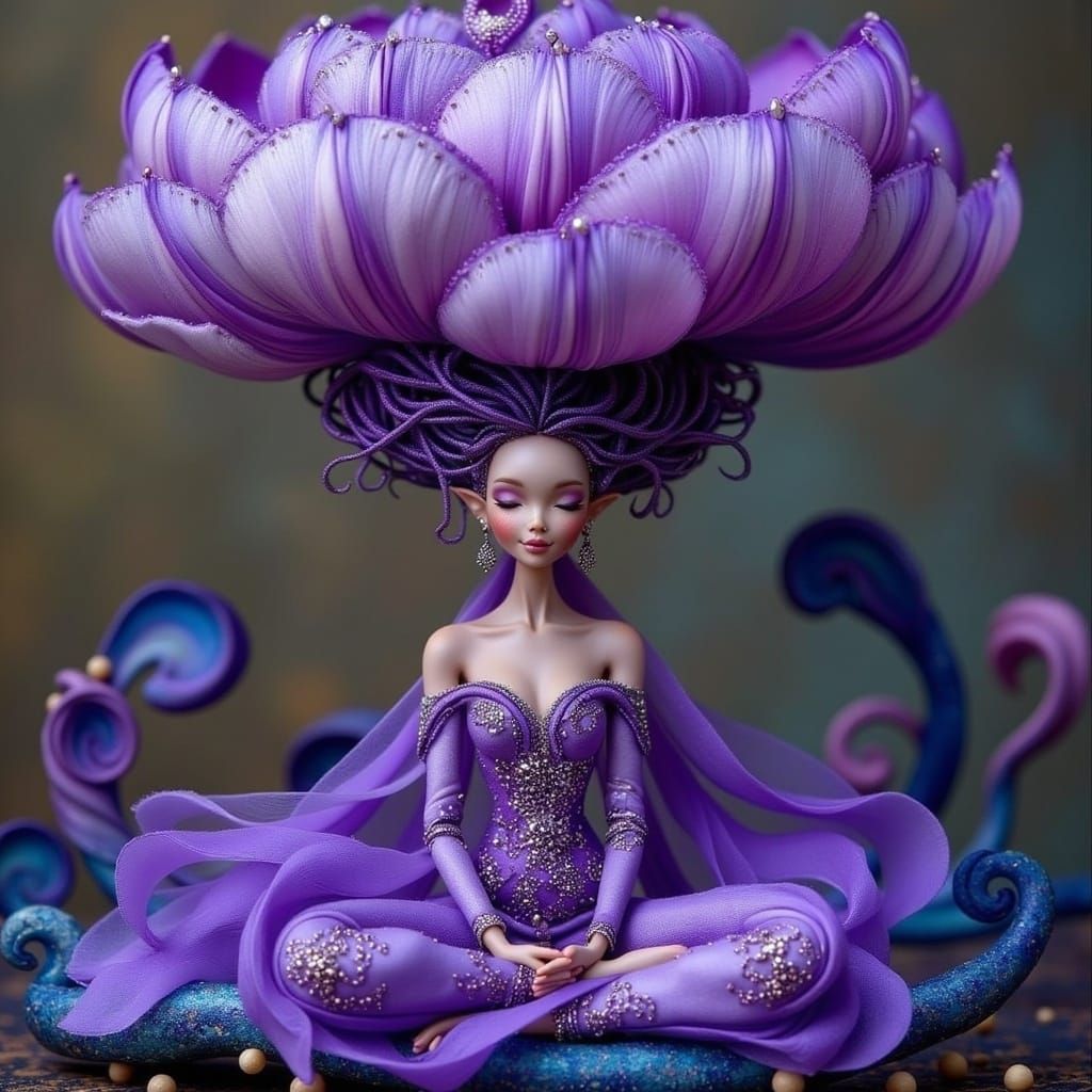 Elegant Elf in Purple Gown Under Giant Flower