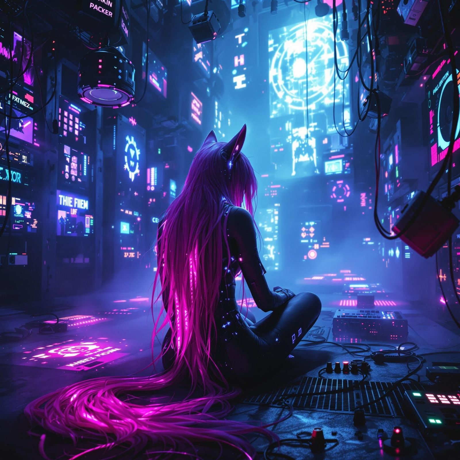 Cyberpunk Fox Hacker in Underground Server Room