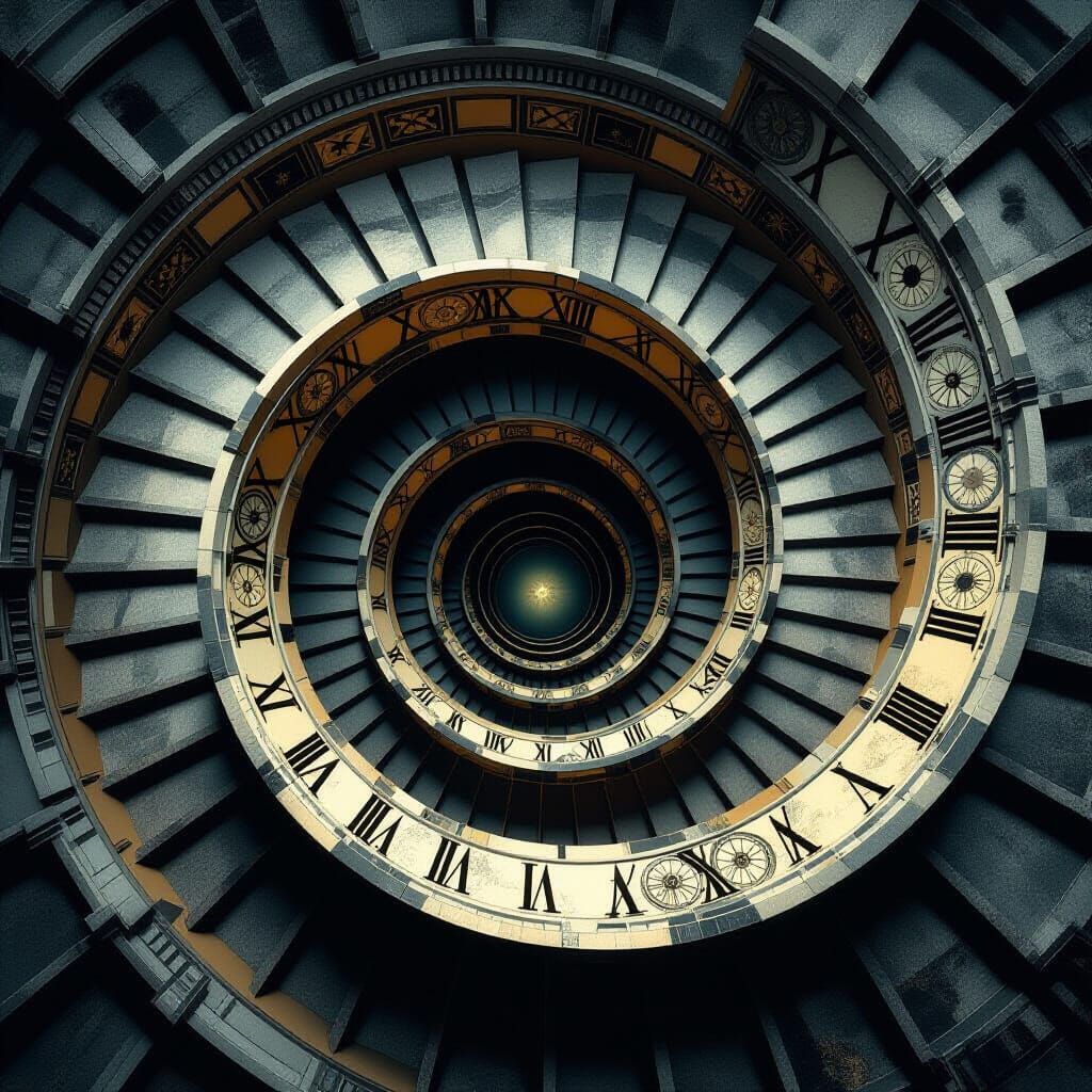 Surreal Clockwork Staircase Descending into Darkness