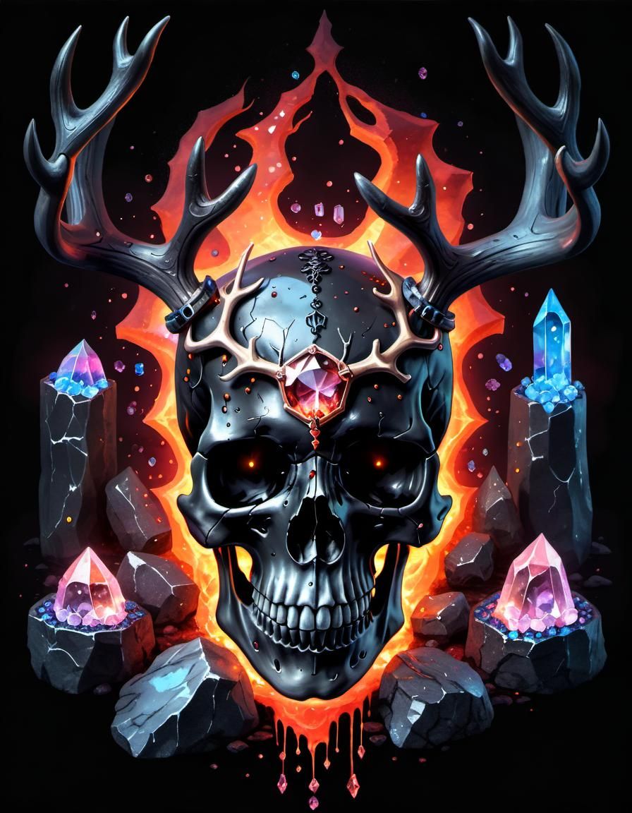 Glowing Skull with Antlers and Runes in Watercolour