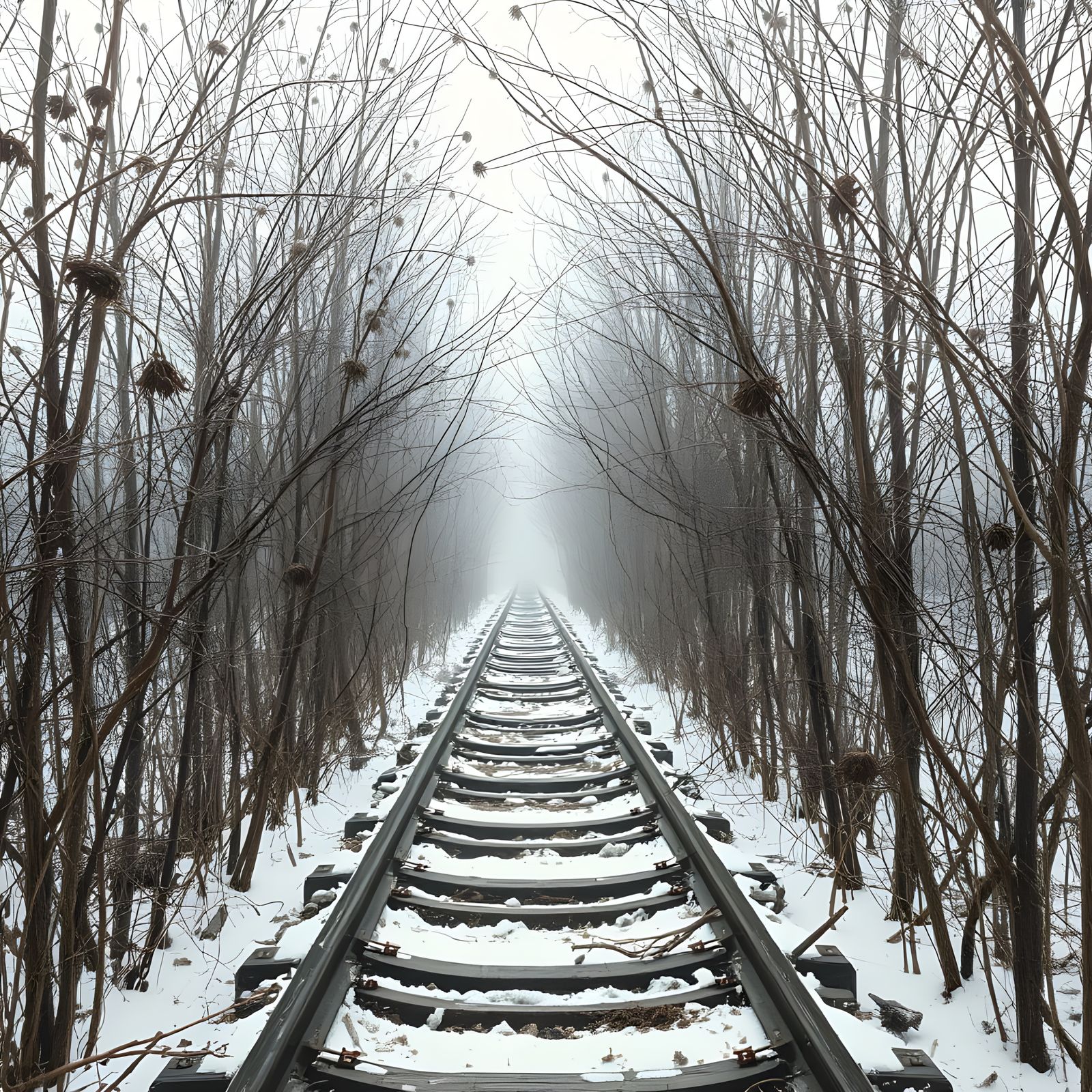 Winter Fog Shrouds Abandoned Railway Landscape
