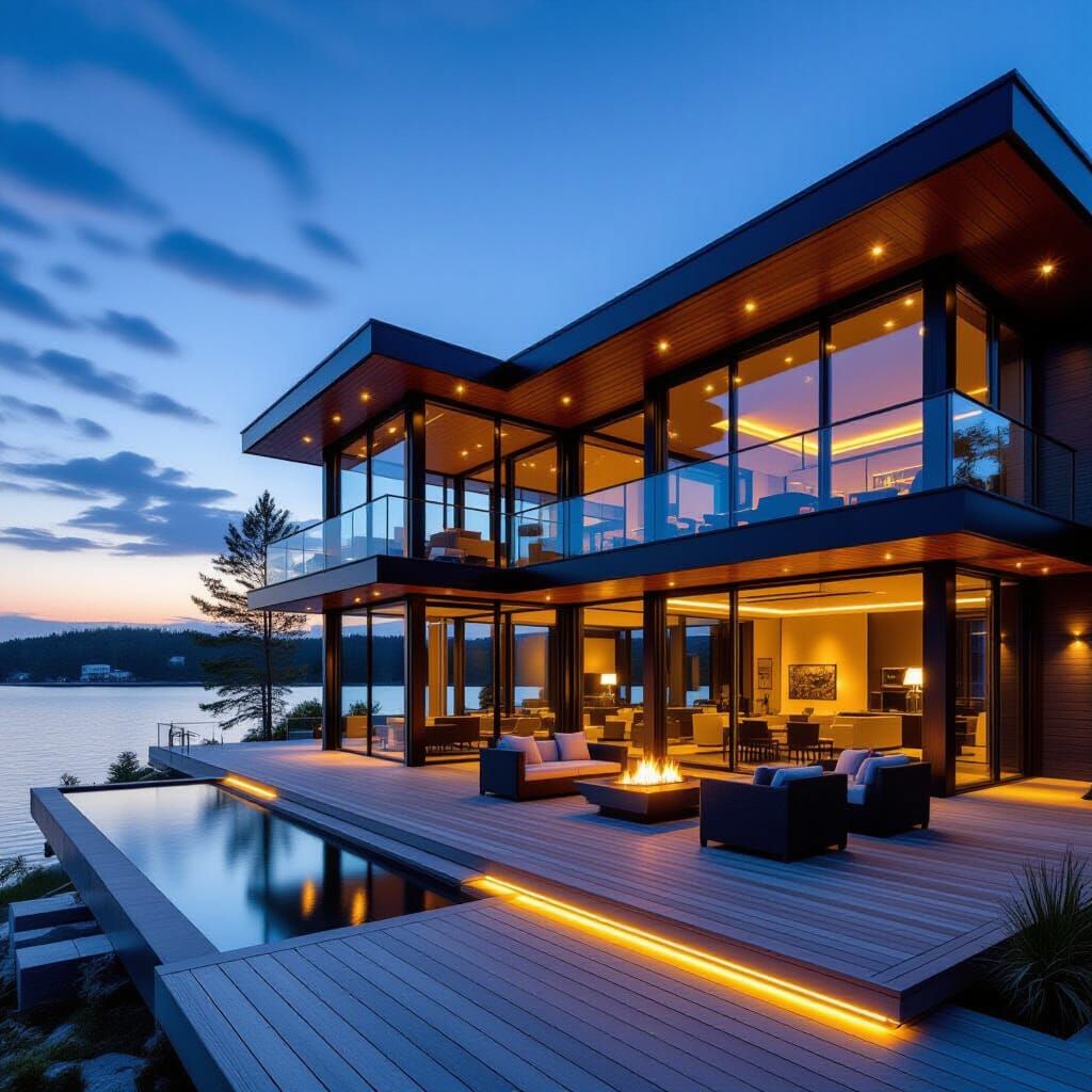 Luxury Modern Home with Deck at Golden Hour