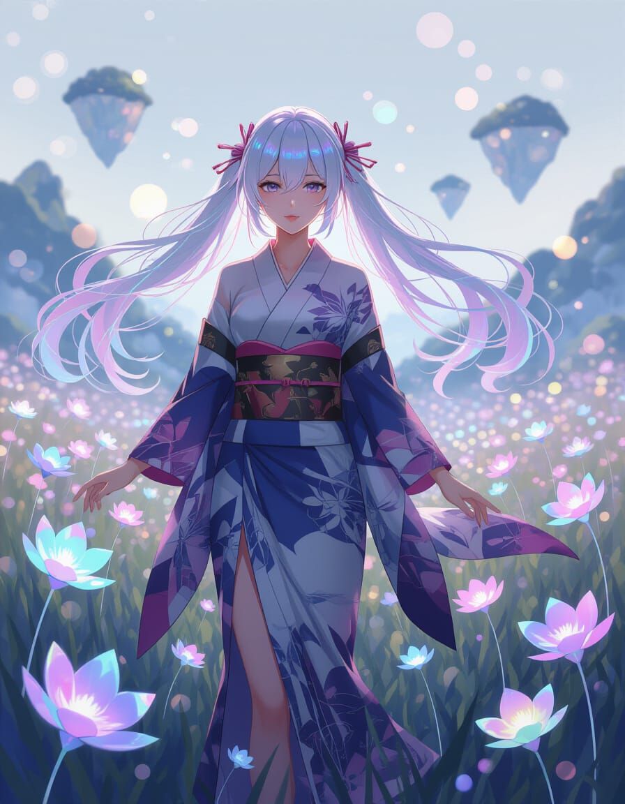 Anime Woman in Iridescent Hair Amidst Crystalline Flowers