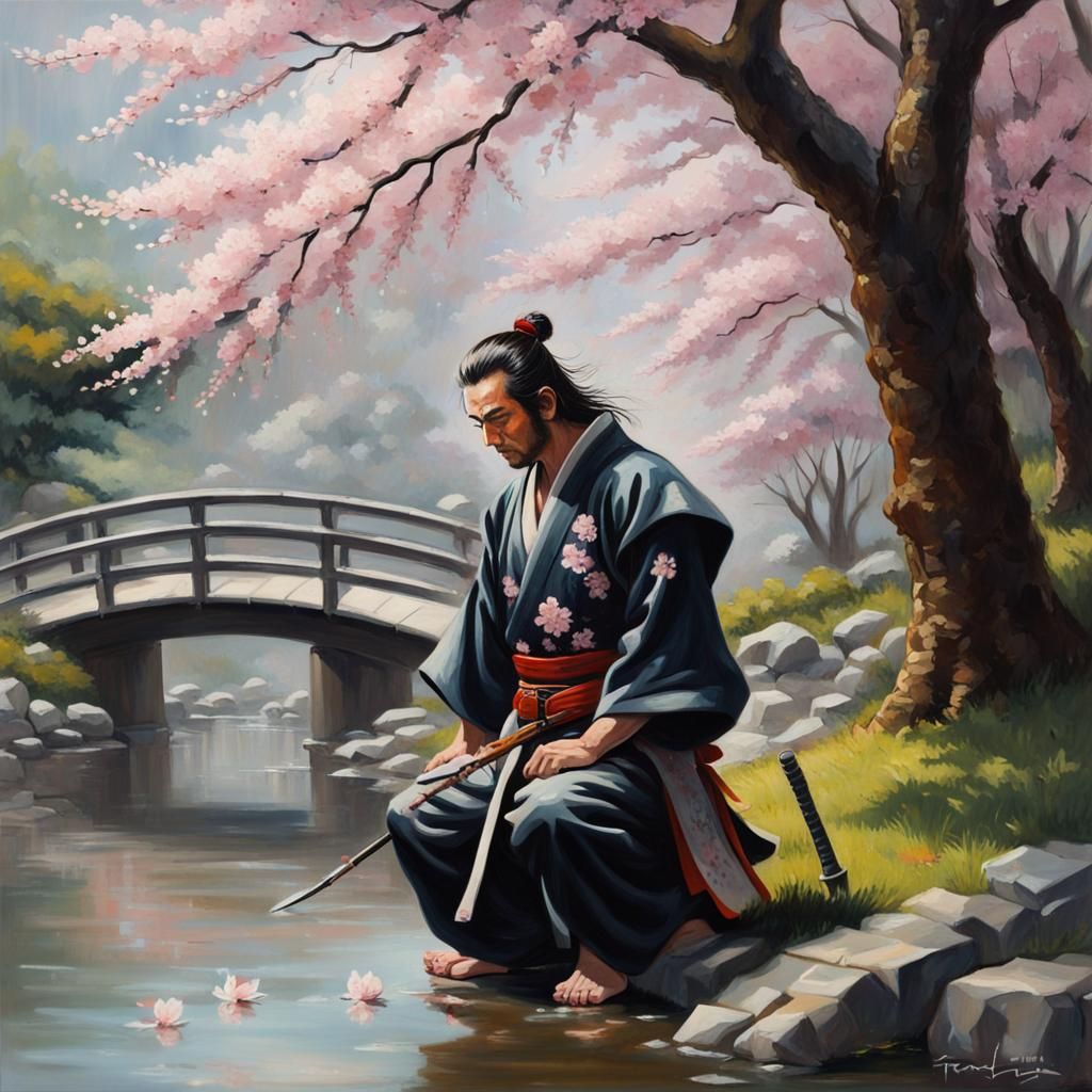 Samurai in Cherry Blossom Garden: Frazetta Style