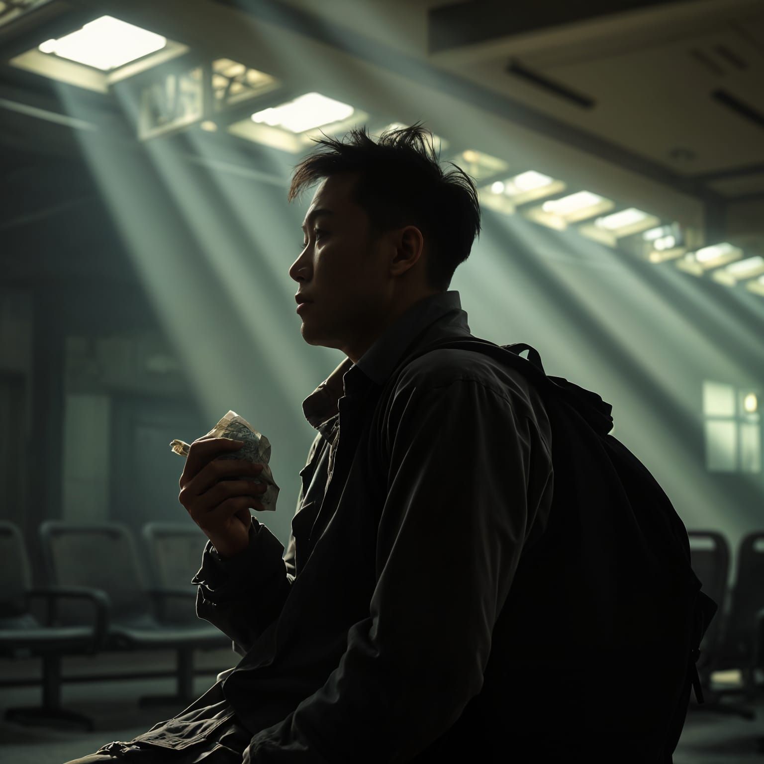 Dystopian Silhouette: Man Eats in Post-Apocalyptic Waiting R...