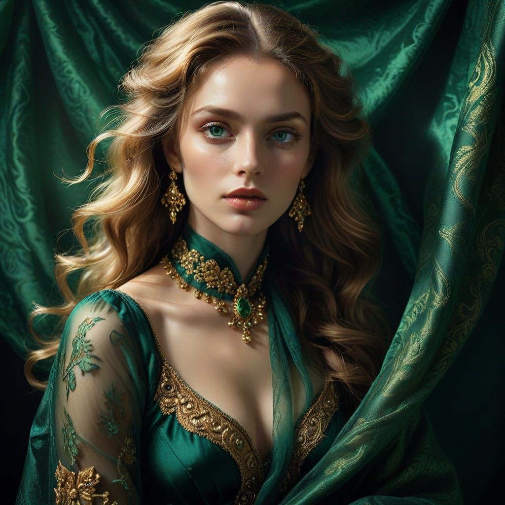 Mysterious Renaissance Woman in Emerald Haze