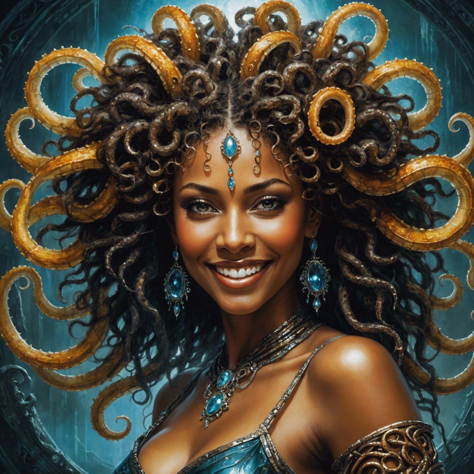 Topaz Medusa with Afro Hairstyle in Detailed Matte Painting