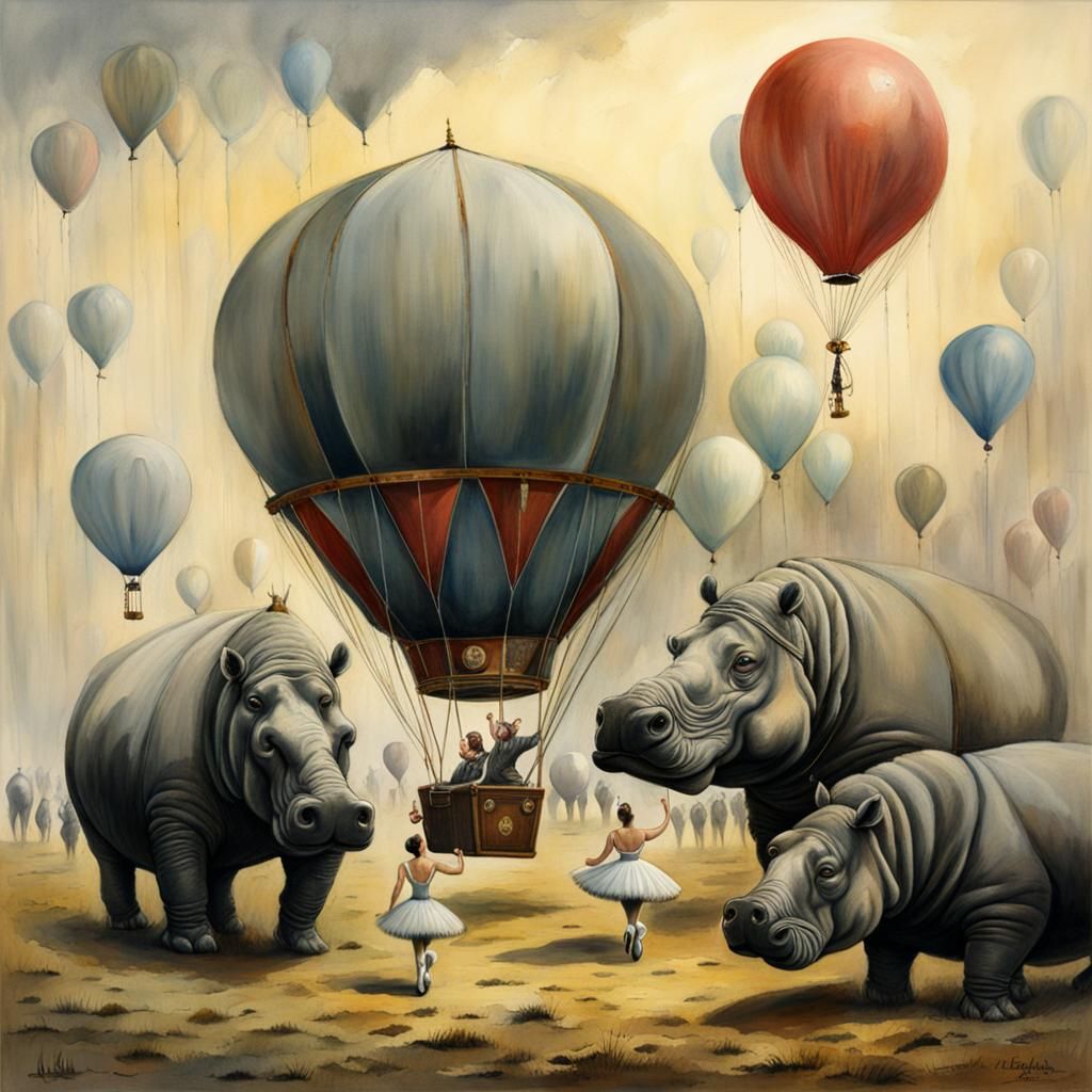 Surreal Circus Scene with Ballerina and Hippos