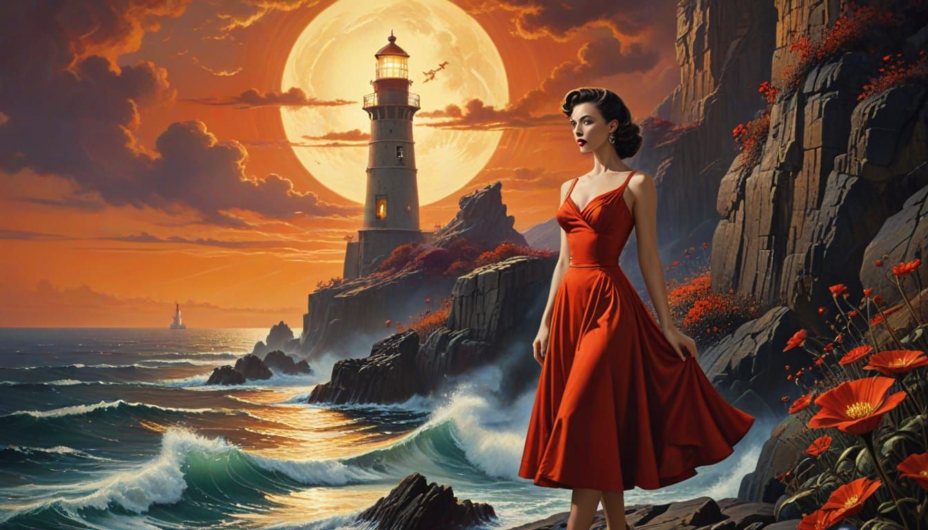 Surreal Landscape with Lighthouse and Pin-Up Woman