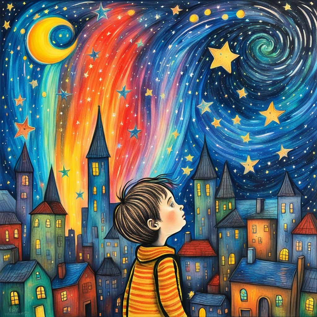 Child's Surreal Crayon Drawing of Cosmic City