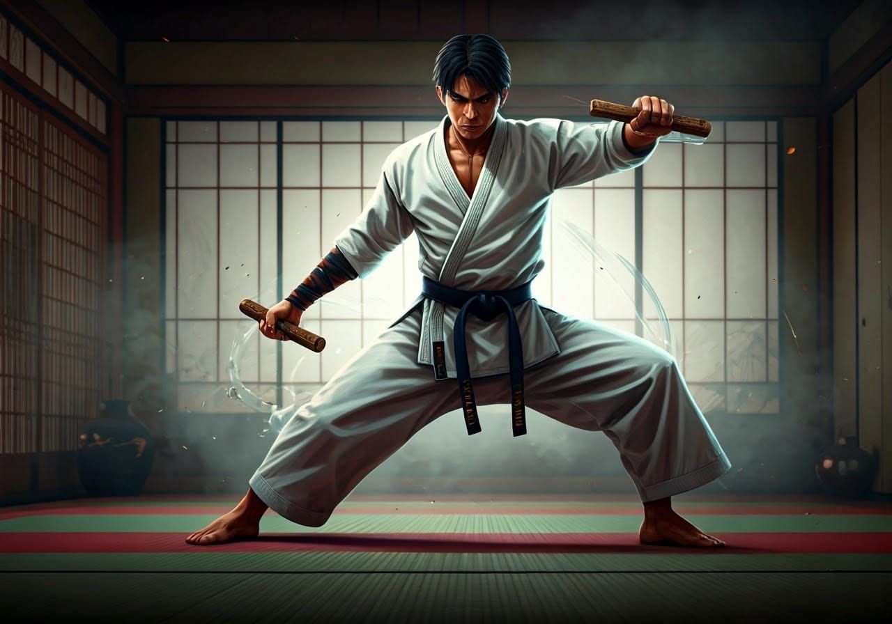 Futuristic Martial Artist in Serene Dojo