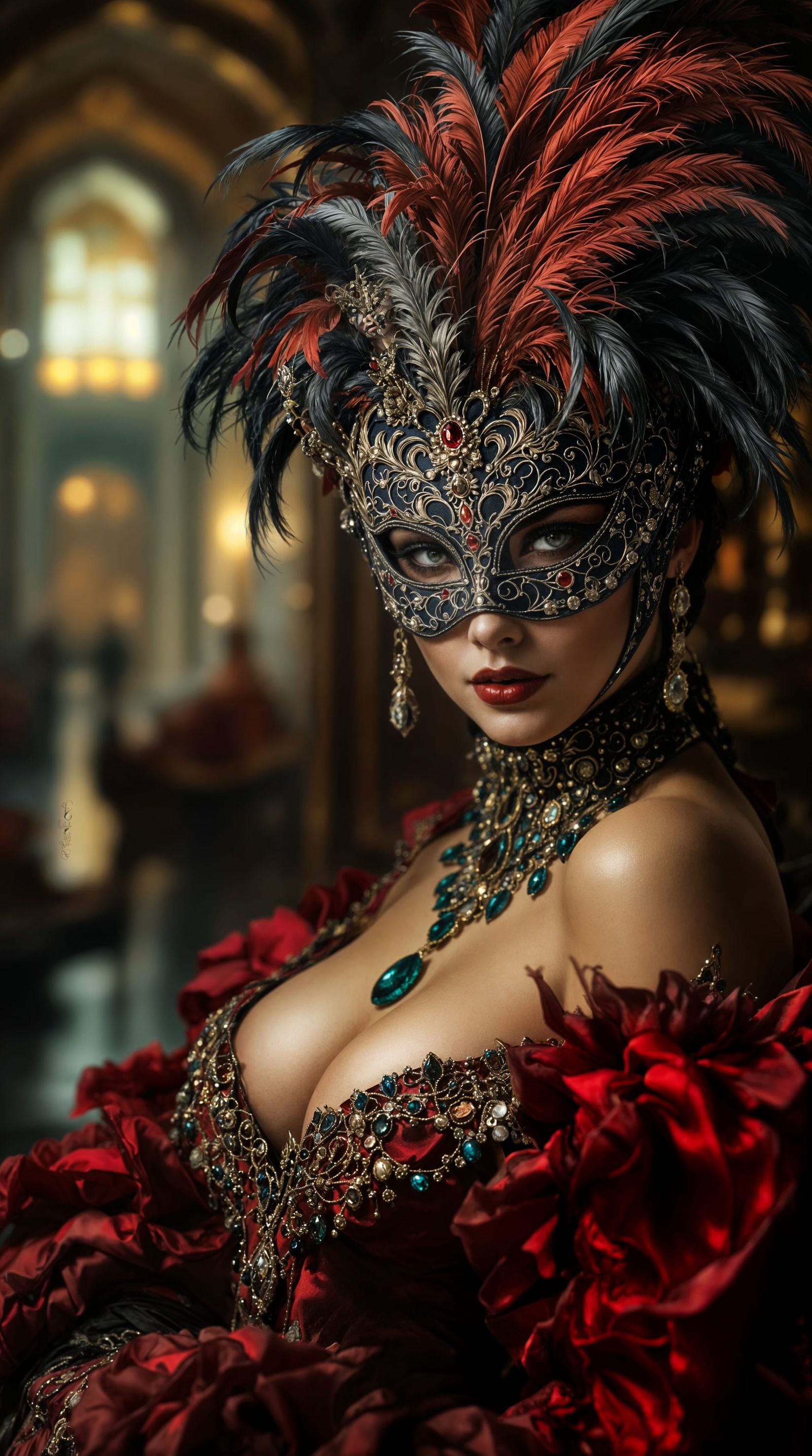 Elegant Venetian Beauty in Opulent Masquerade Attire