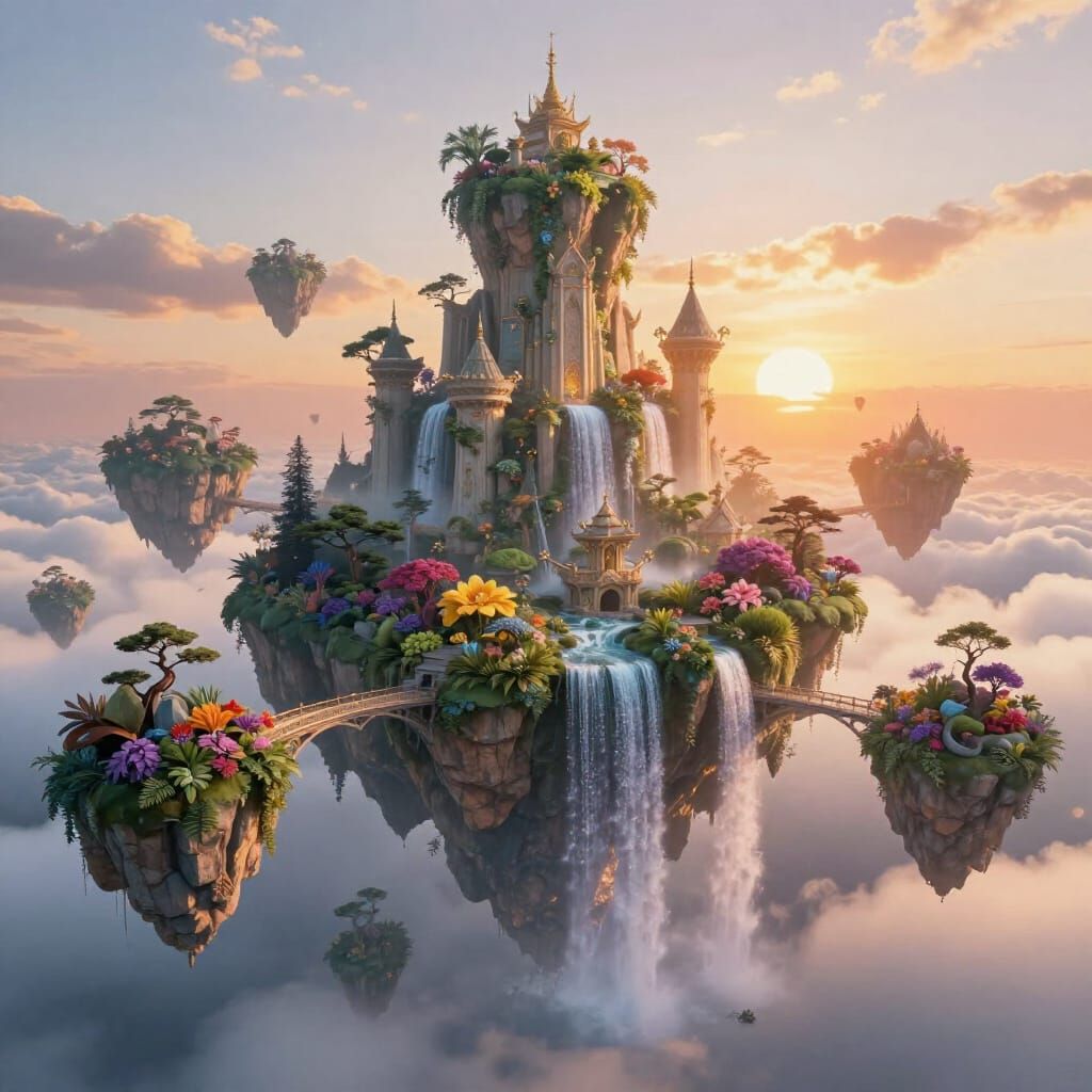 Fantasy Cloud Kingdom at Sunset with Lush Flora