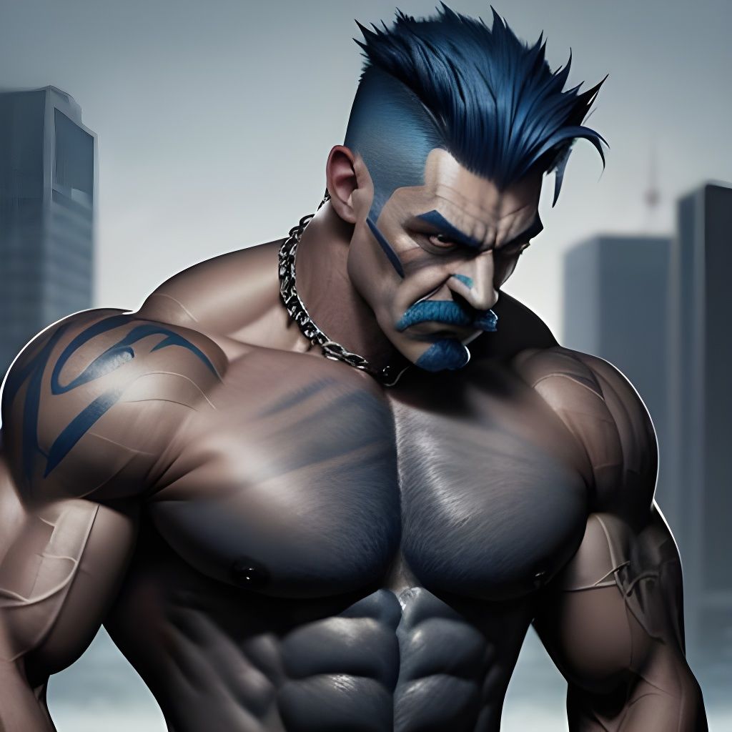 Muscular Blue Villain with Dark Blue Ponytail