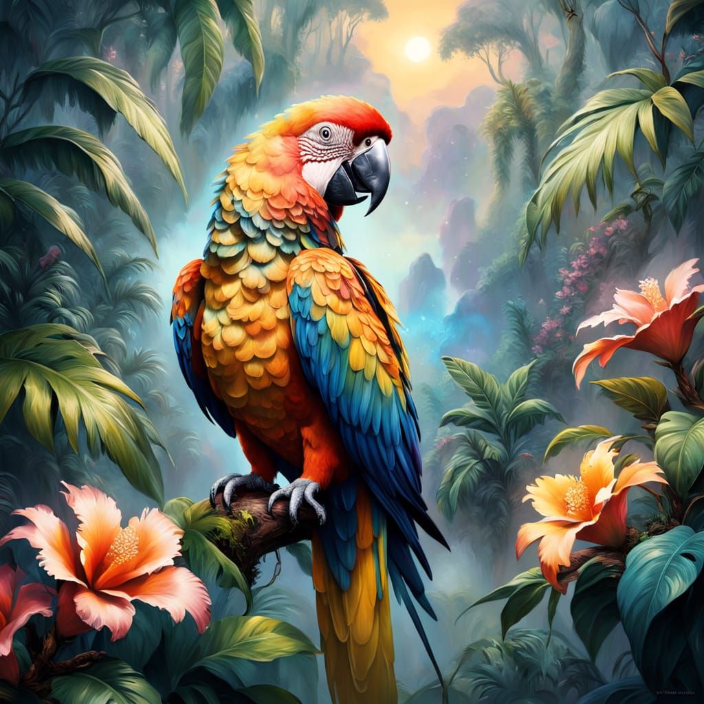 Surreal Tropical Parrot in Dreamy Mist