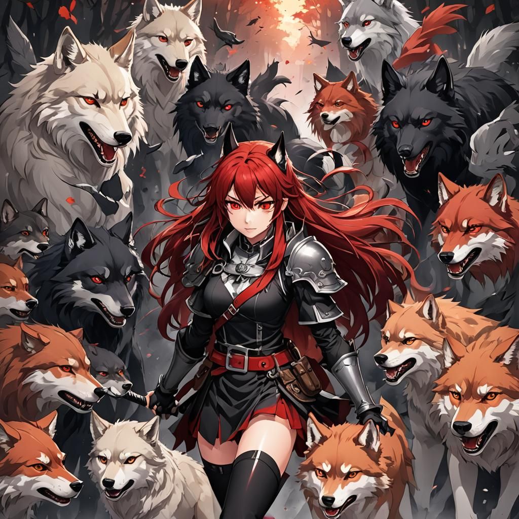 Anime Wolf Girl Warrior Surrounded by Wolves