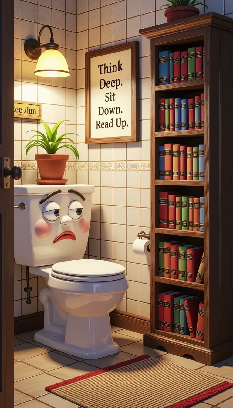 Surreal Cartoon Toilet in Cozy Bathroom Nook