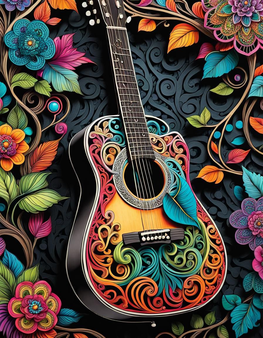 Colorful Zentangle Guitar on Gnarly Branch