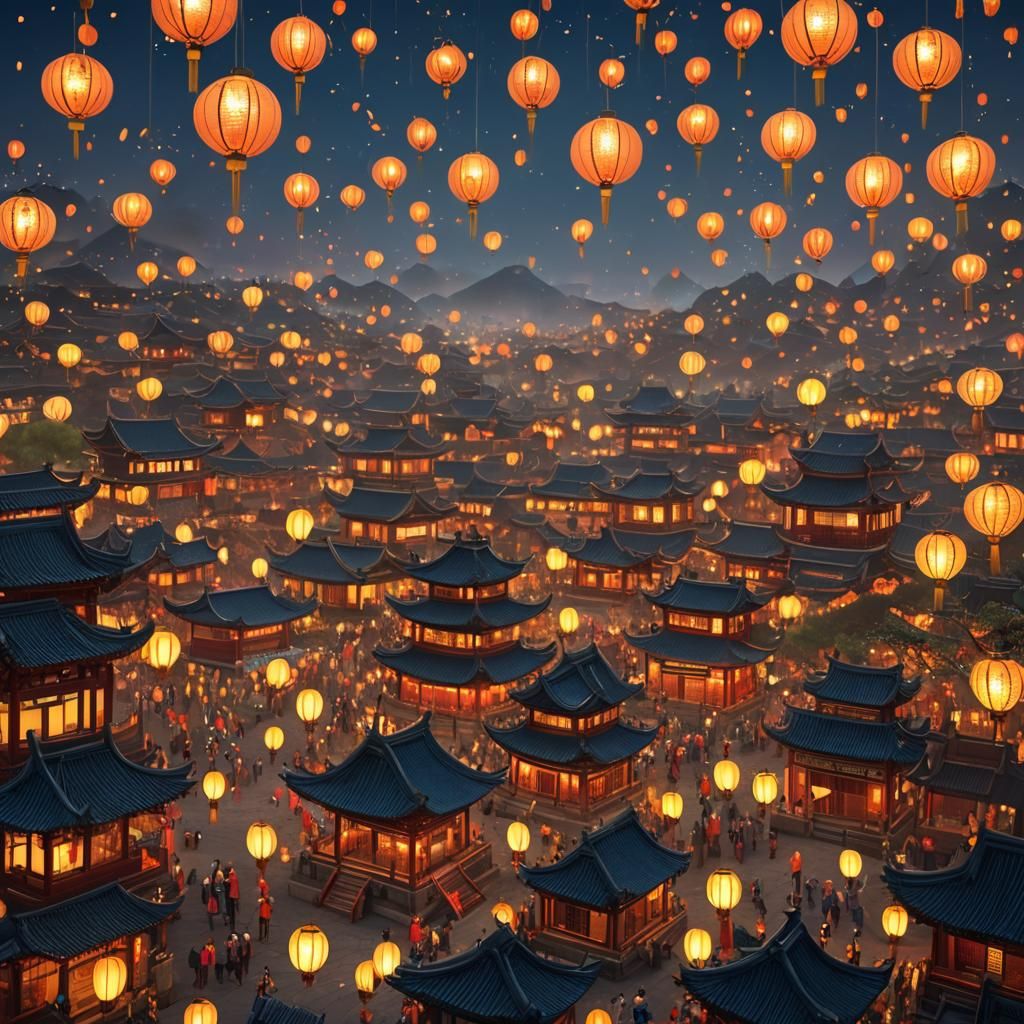 Lantern Festival: Detailed Matte Painting in Deep Color