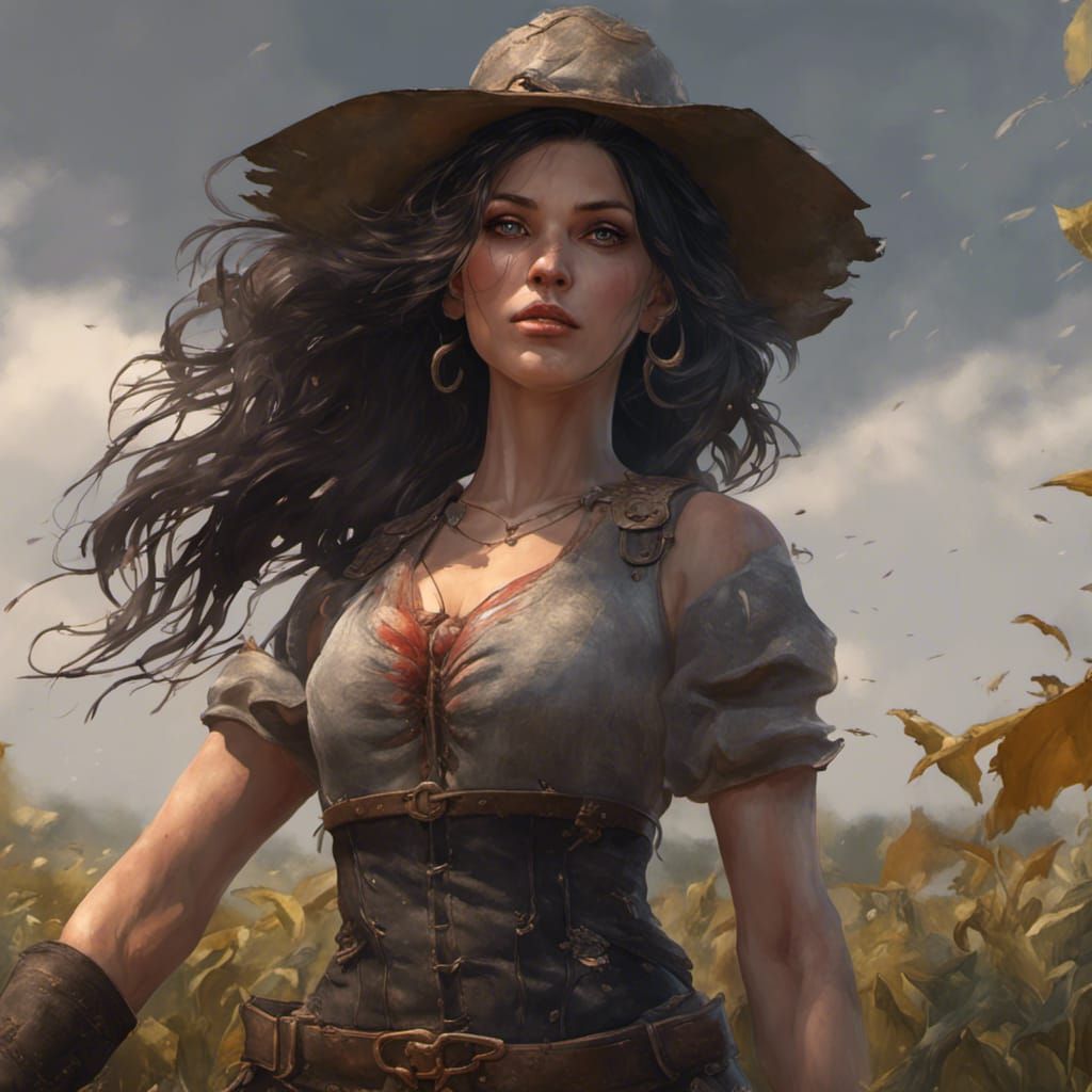 female farm girl, tall, gorgeous, dark hair, fantasy