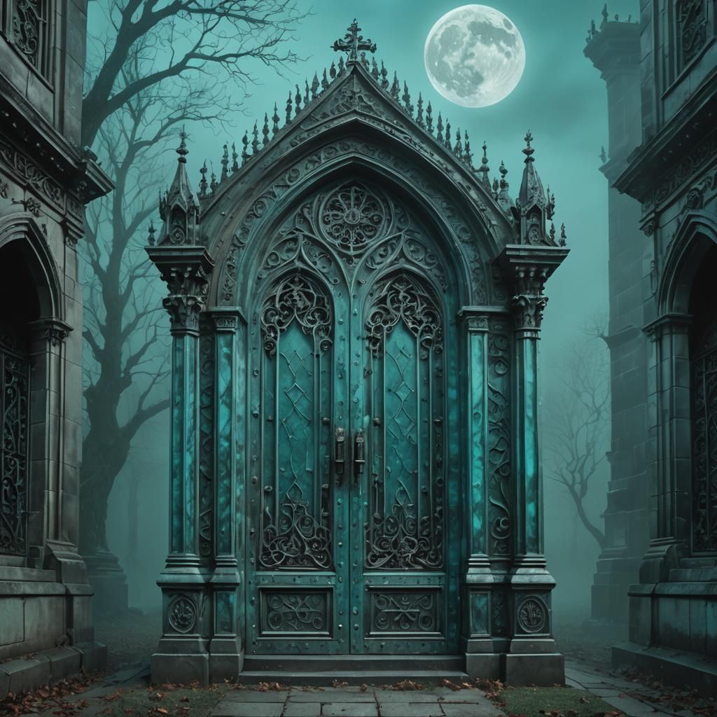 Gothic Mausoleum with Engraved Iron Doors in Moonlight