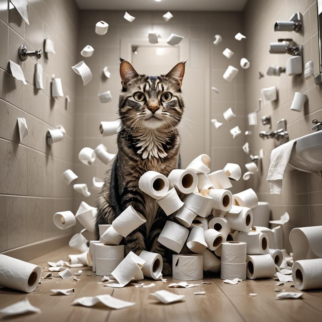 Cat Unrolls Toilet Paper, Sheepish Expression