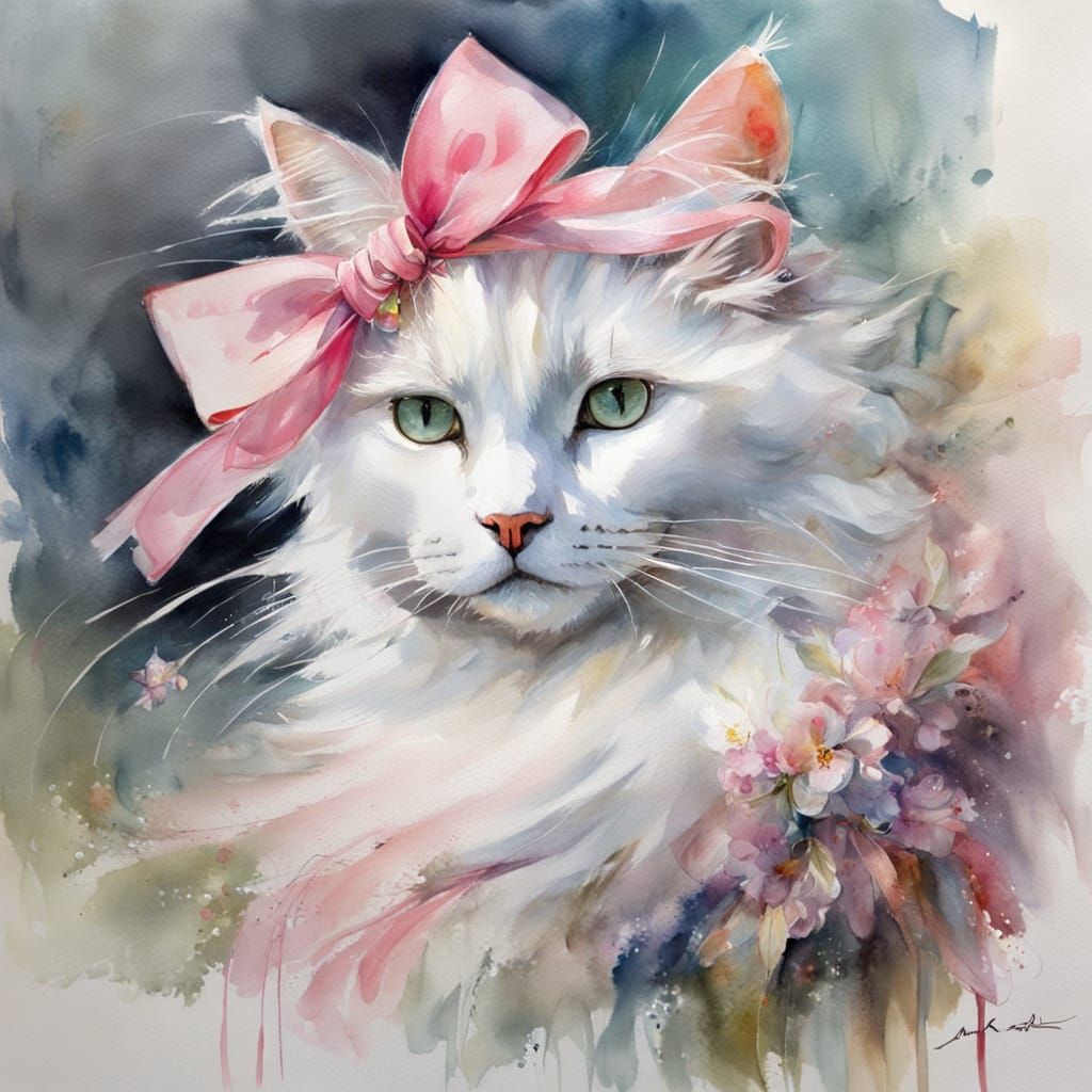 White Cat with Pink Bow: Fantasy Watercolour