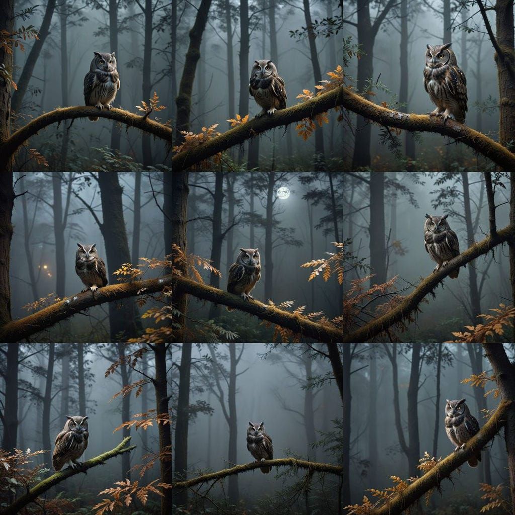 Owl in Foggy Autumn Forest at Night