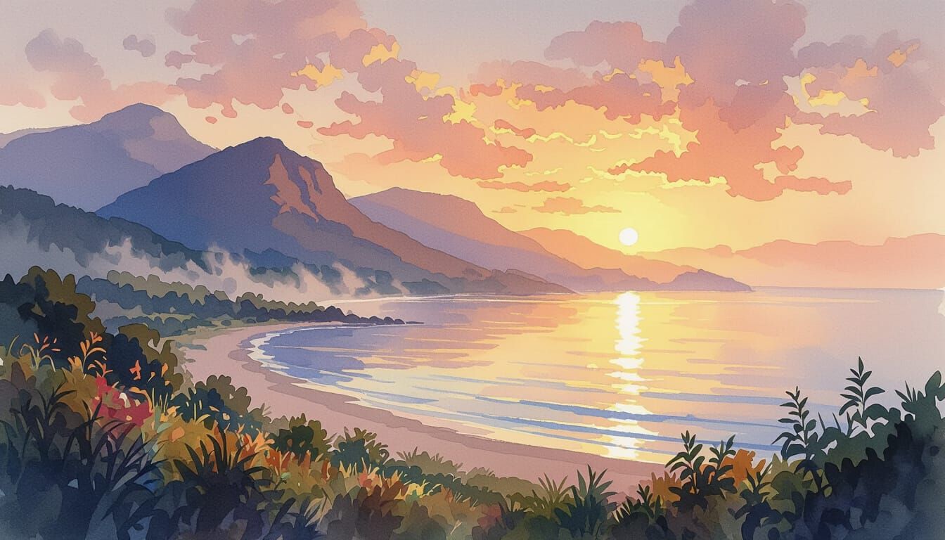 Warm Sunrise Over Mountain Range in Expressive Watercolour S...