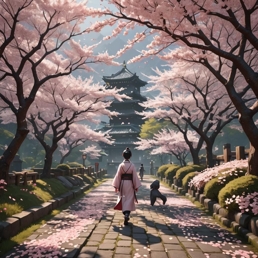 Cherry Blossoms in Japanese Landscape, 3D Game Art