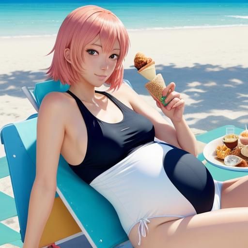 Pregnant Woman on Beach in Anime Style