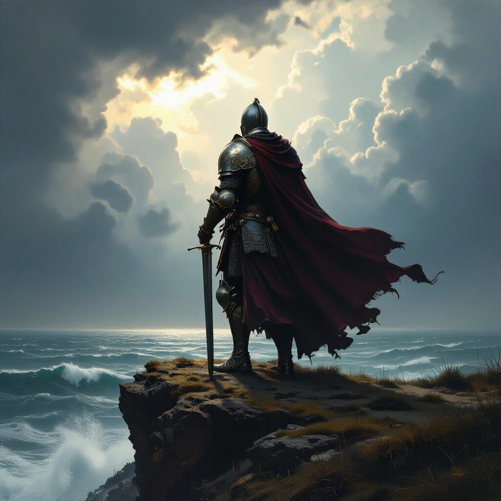 Knight on Stormy Cliff, Dramatic Chiaroscuro Style