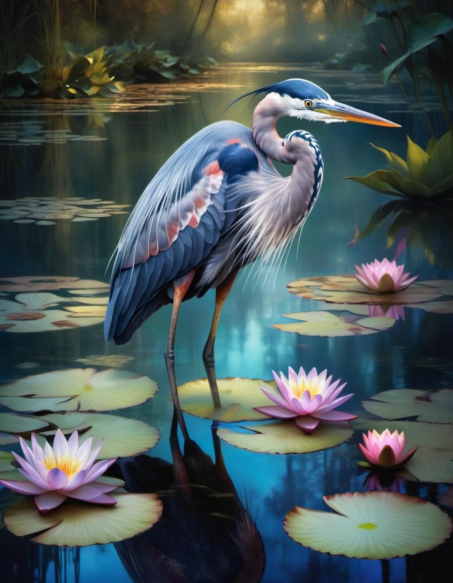 Blue Heron in Lily Pond, Fantasy Art Style