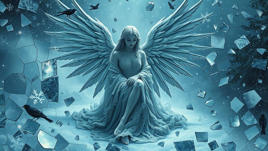 Frozen Angel Amid Broken Mirrors in Winter Kingdom