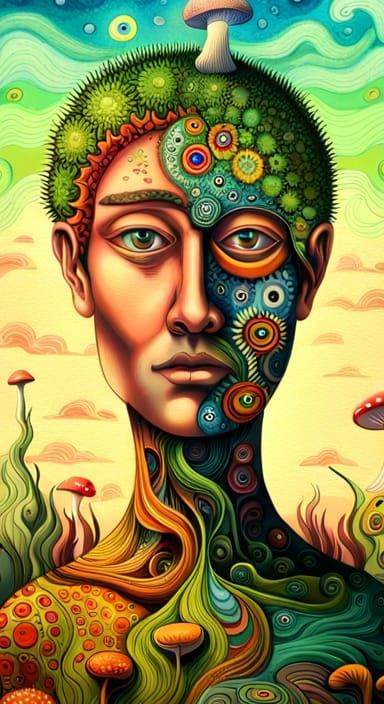 Psychedelic Face with Mushroom in Dream Landscape