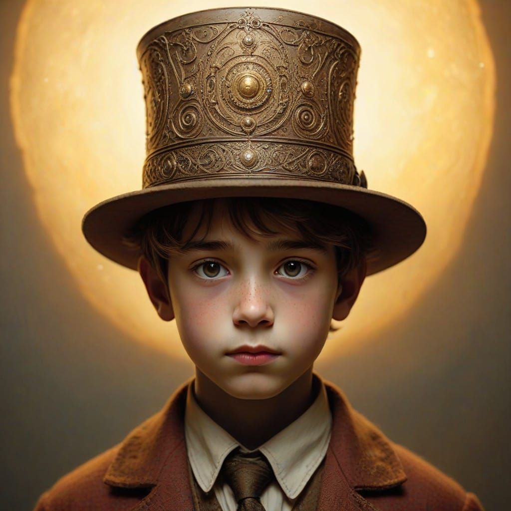 Boy Removes Vibrant, Ornate Top Hat in Whimsical Scene