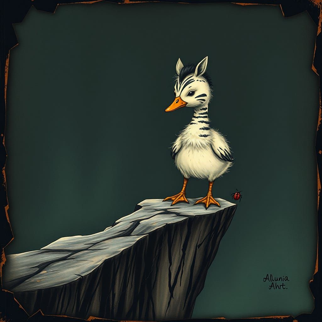 Macabre Zebra Duckling on Cliff Illustration