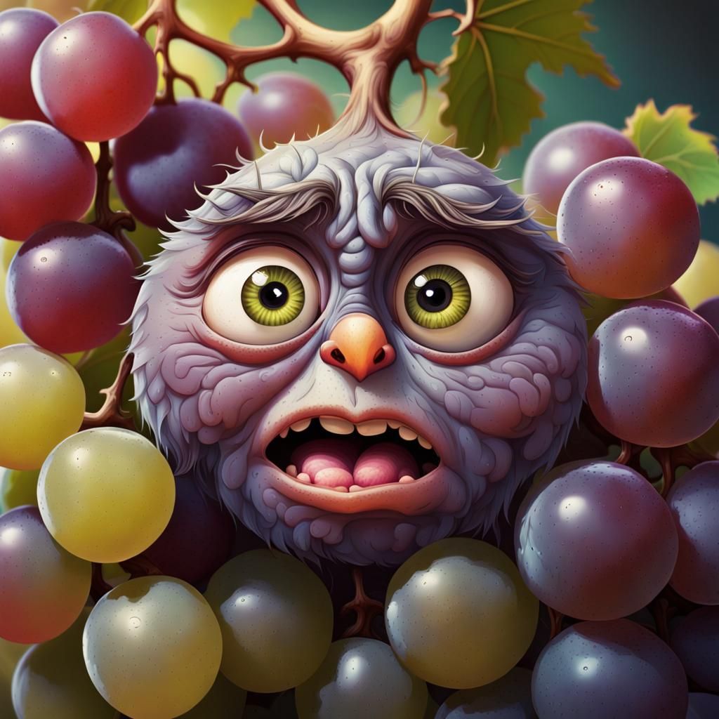 Grumpy Grapes Yearning for a Hug: Hyperrealistic Splash Art