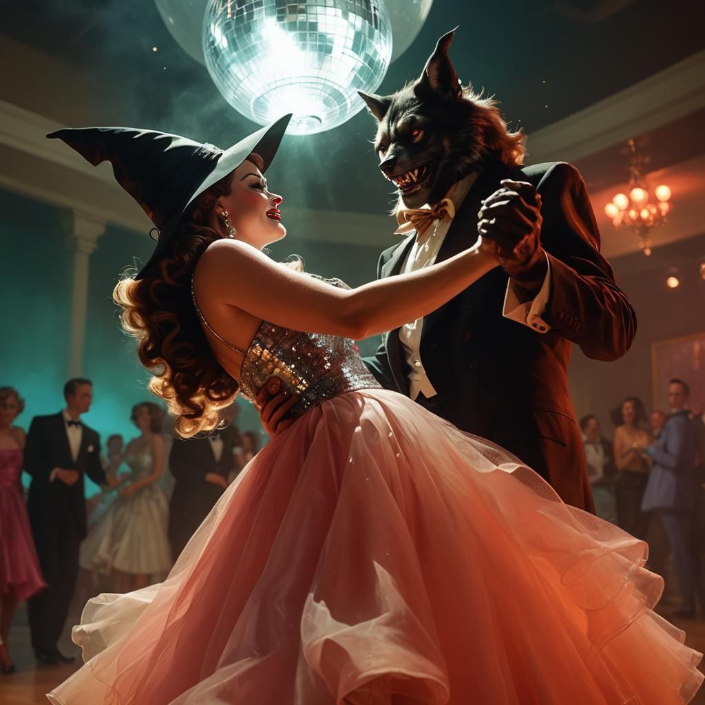Witch and Werewolf Dancing, Pin-Up Style