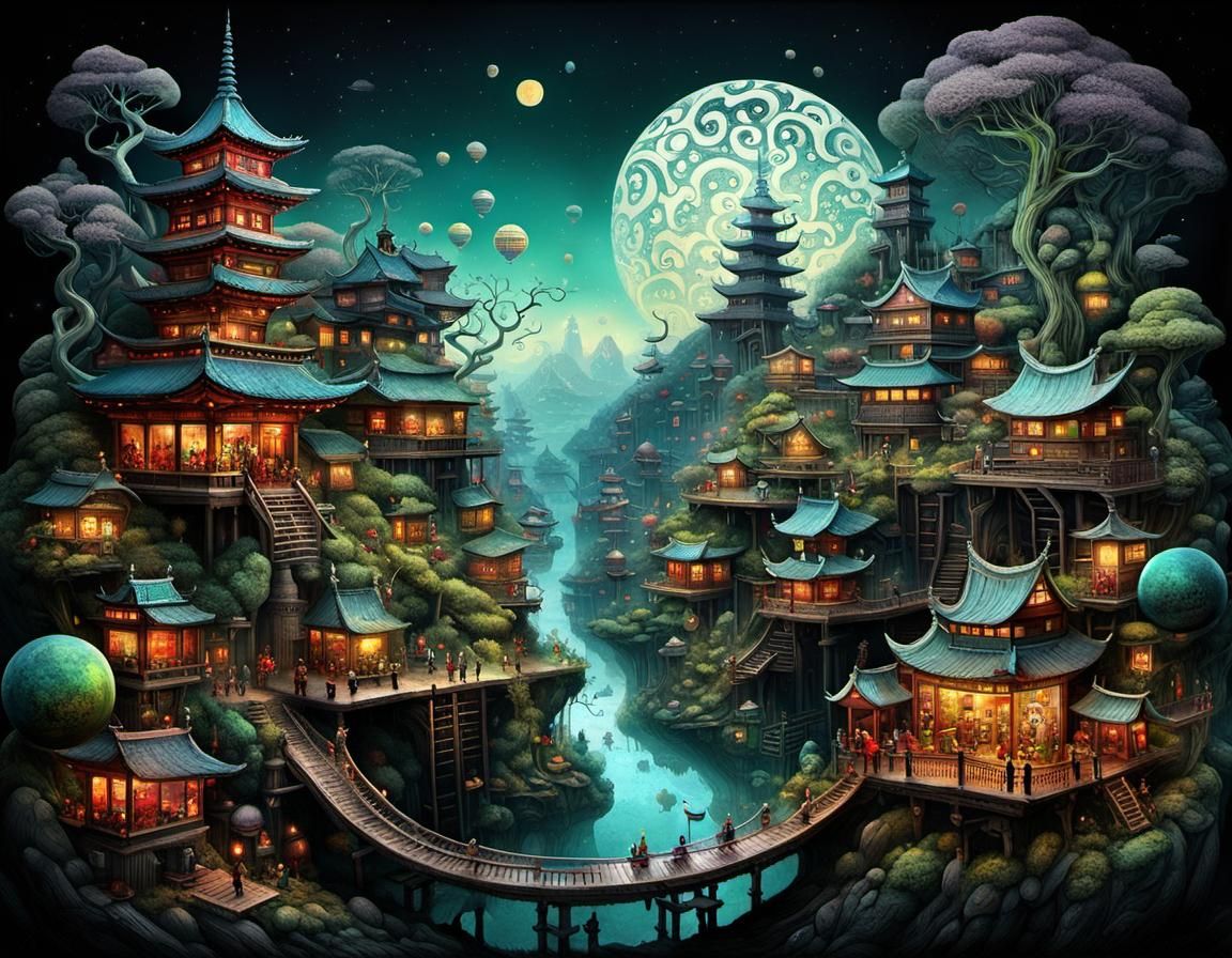 Japanese Landscapes: Intricate Pen Drawings with Spherical S...