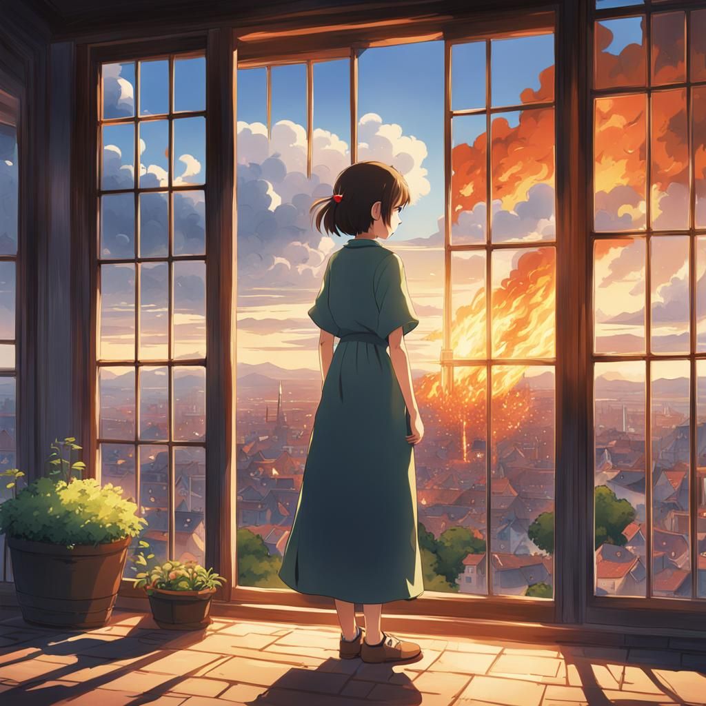 Teen Girl Overlooking Burning Town: Ghibli-esque Anime