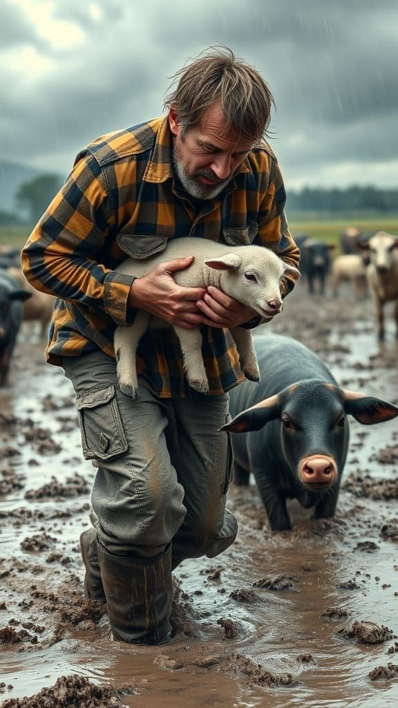 Rugged Farmer Wrestles Through Muddy Field in Torrential Rai...