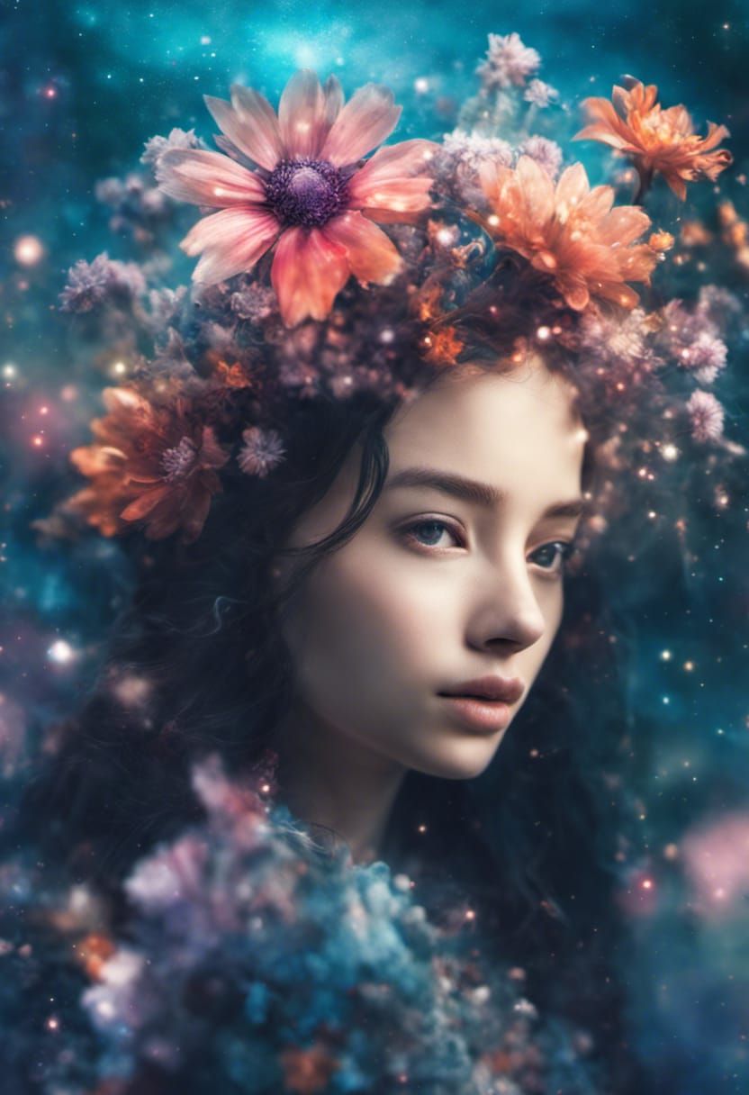 Nebula Flower Double Exposure in Hyperrealism