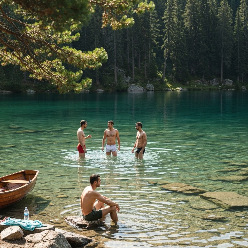Men Relaxing in Crystal Clear Mountain Lake Water