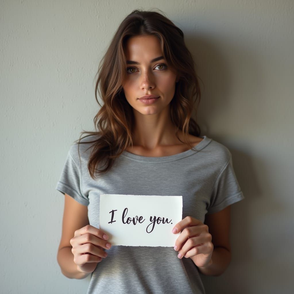 Woman Holds I Love You Note in Photorealistic Style